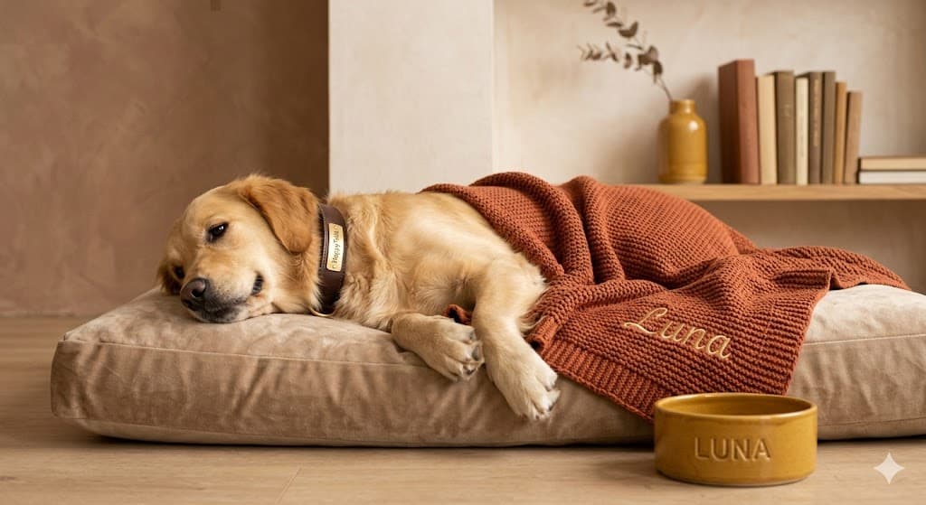 Golden retriever descansando con productos HappyTails